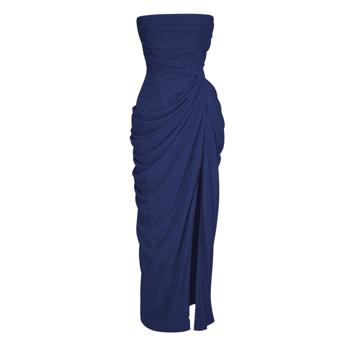Safiya Navy Blue Ruched Maxi Dress with Cross Front