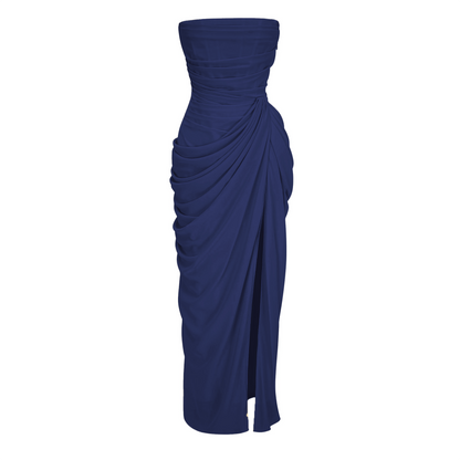 Safiya Navy Blue Ruched Maxi Dress with Cross Front