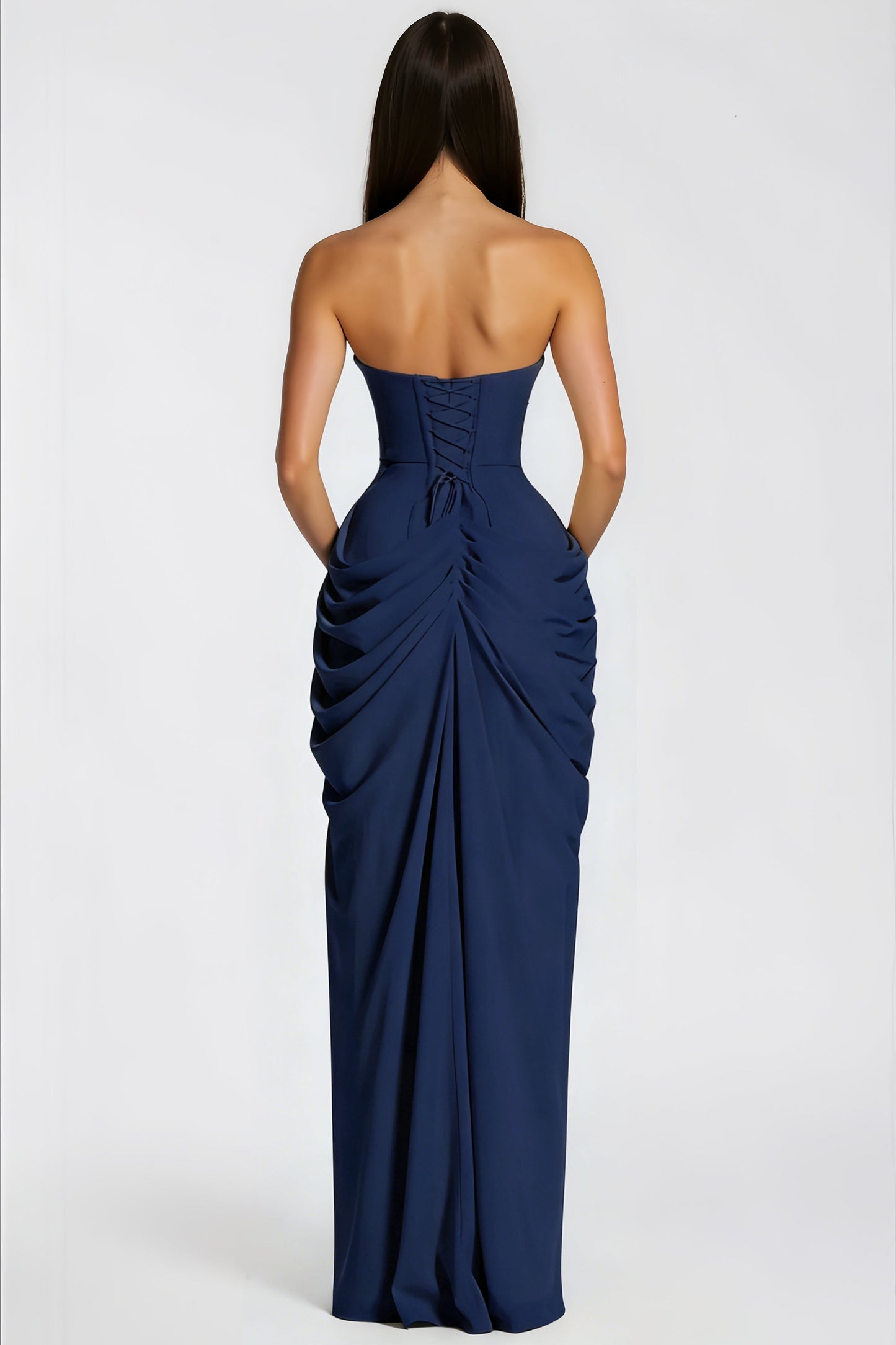 Safiya Navy Blue Ruched Maxi Dress with Cross Front