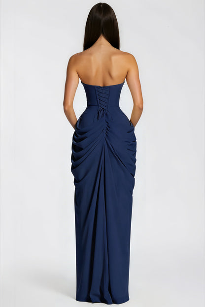 Safiya Navy Blue Ruched Maxi Dress with Cross Front