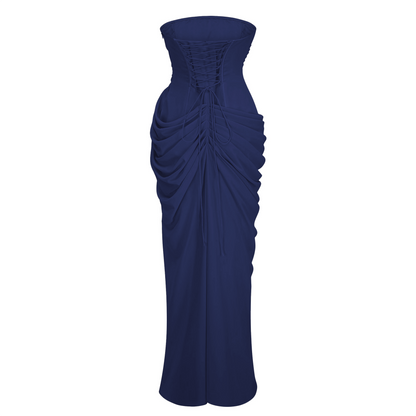 Safiya Navy Blue Ruched Maxi Dress with Cross Front