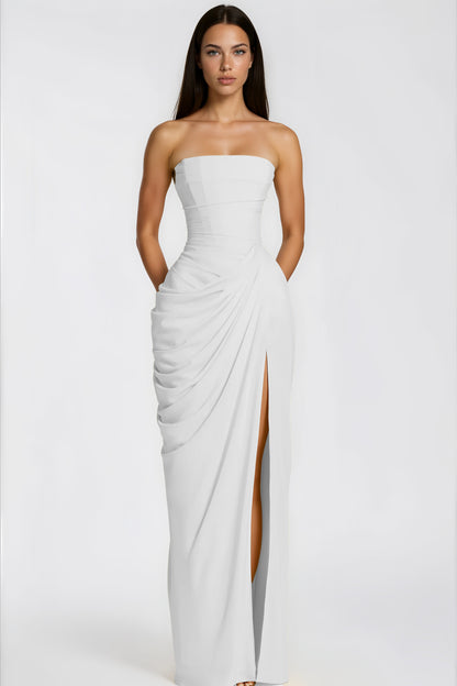 Safiya White Ruched Maxi Dress with Cross Front