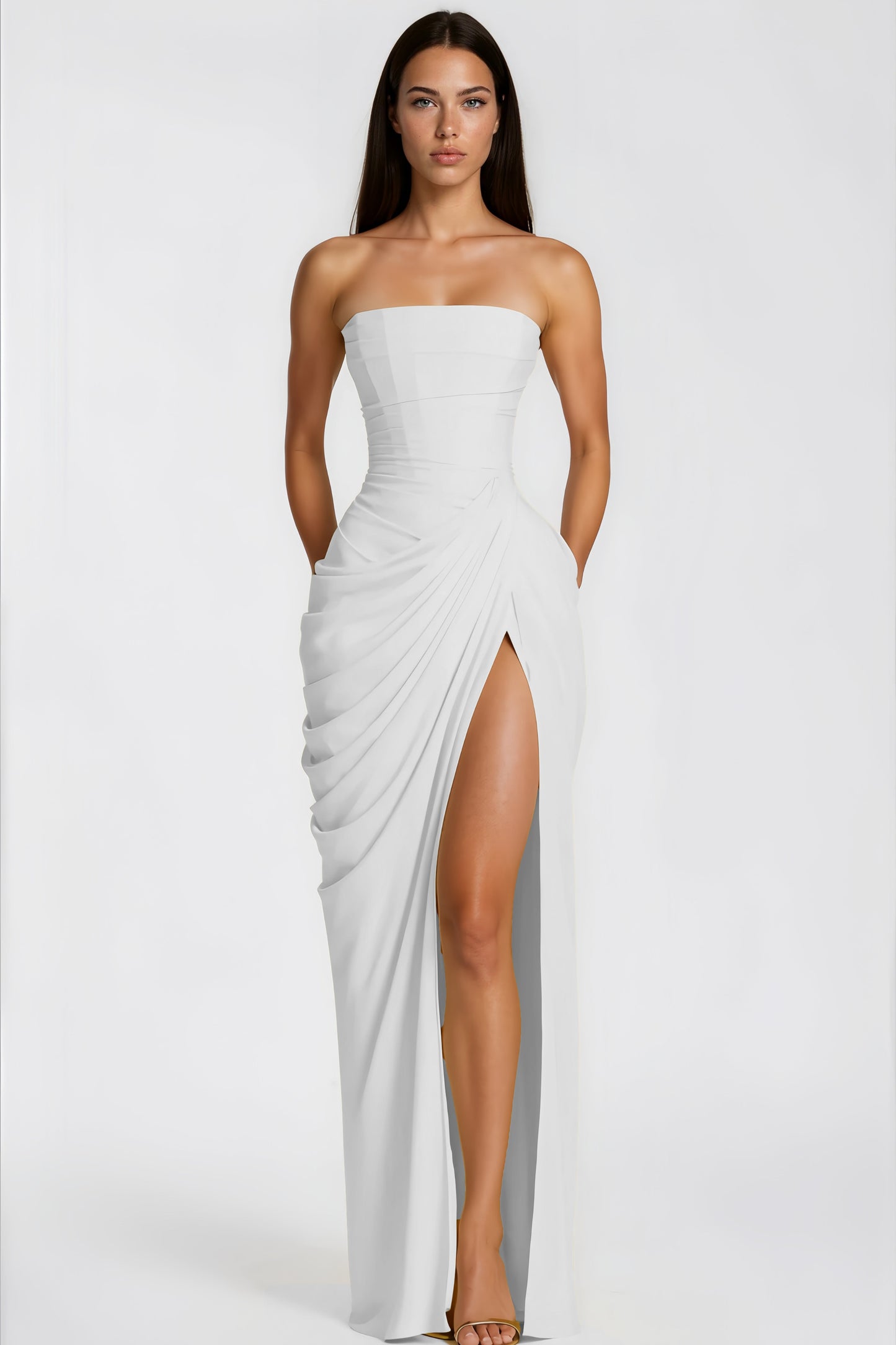 Safiya White Ruched Maxi Dress with Cross Front