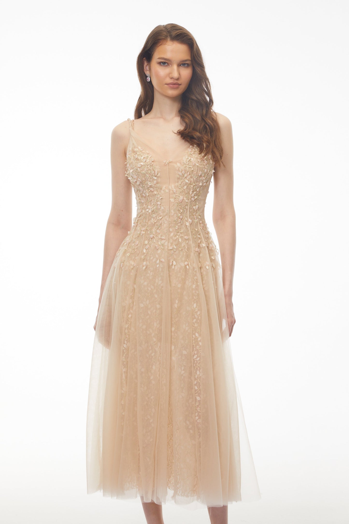 Saga Neutral Pleated Maxi Dress with 3D Petals