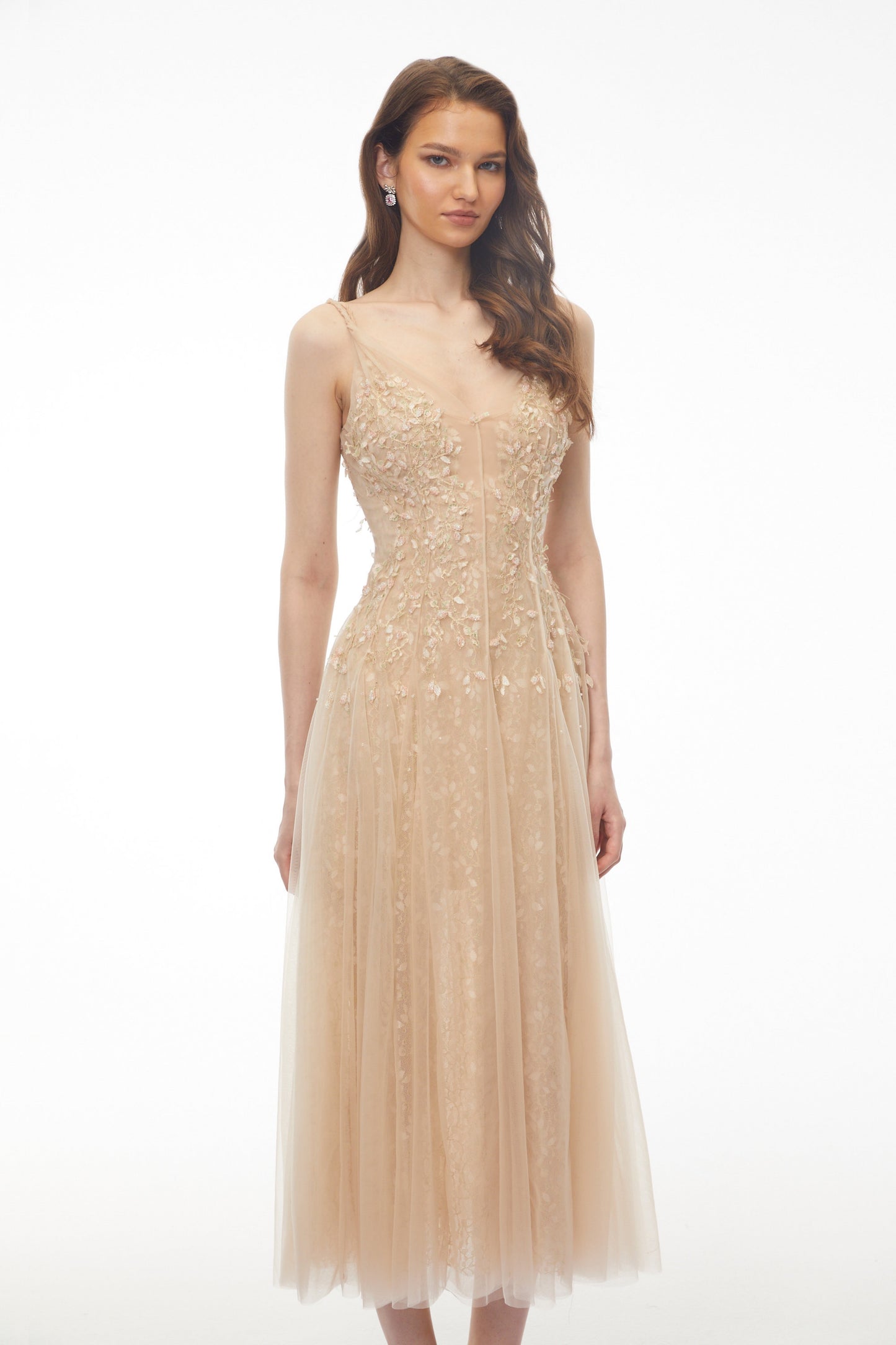 Saga Neutral Pleated Maxi Dress with 3D Petals