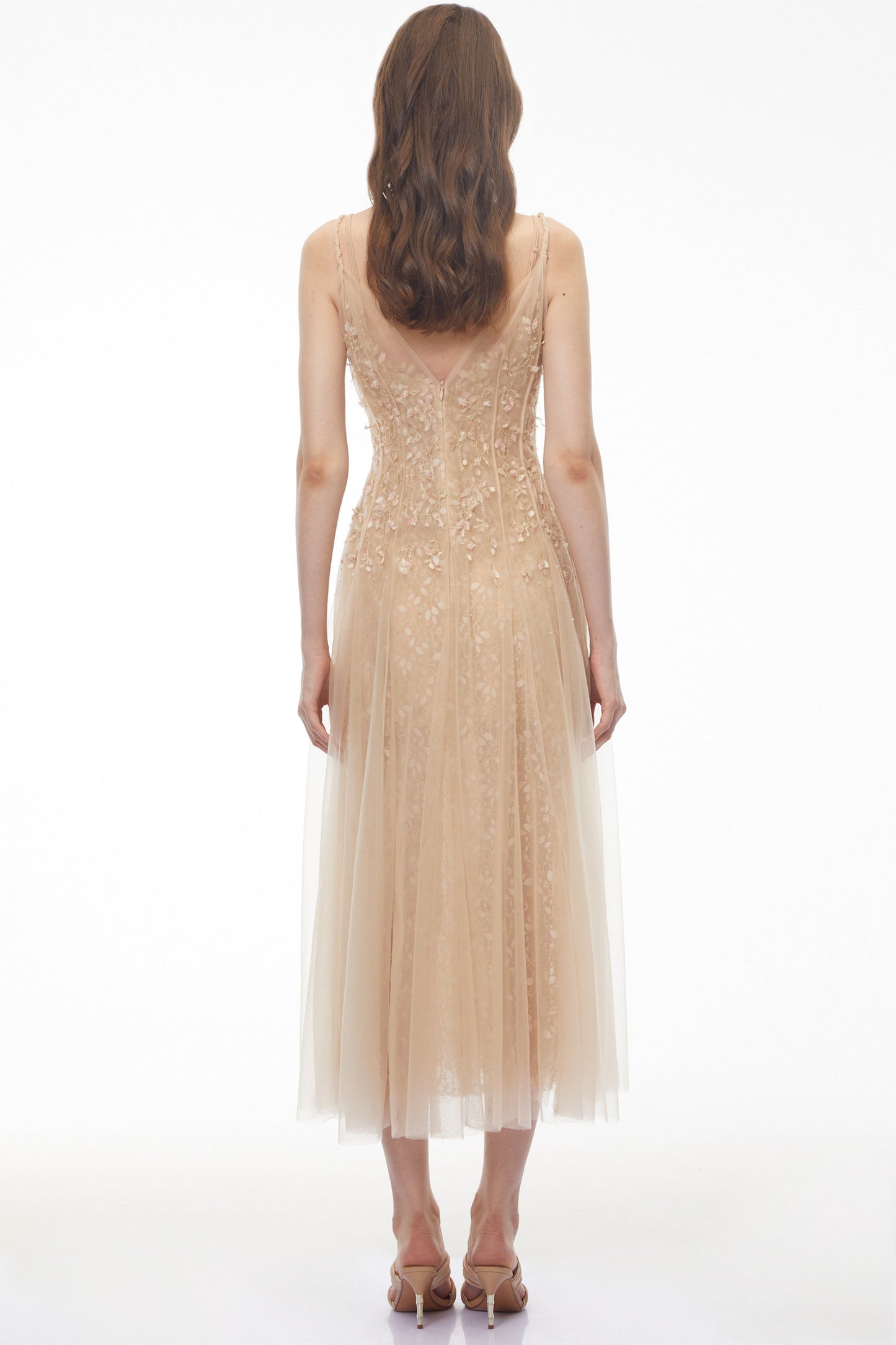 Saga Neutral Pleated Maxi Dress with 3D Petals
