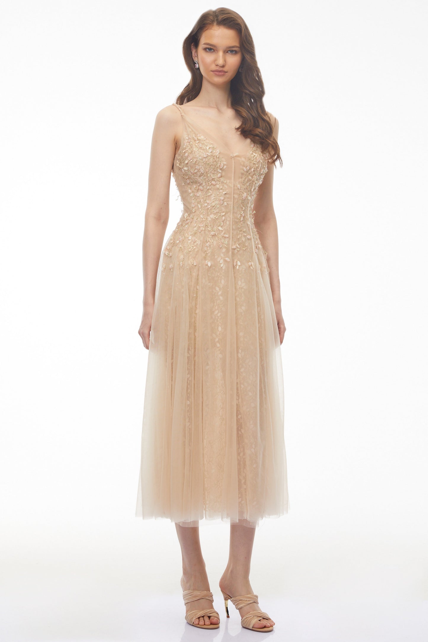 Saga Neutral Pleated Maxi Dress with 3D Petals