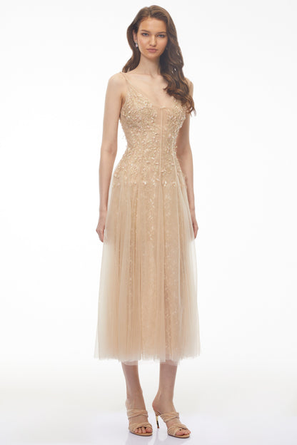 Saga Neutral Pleated Maxi Dress with 3D Petals
