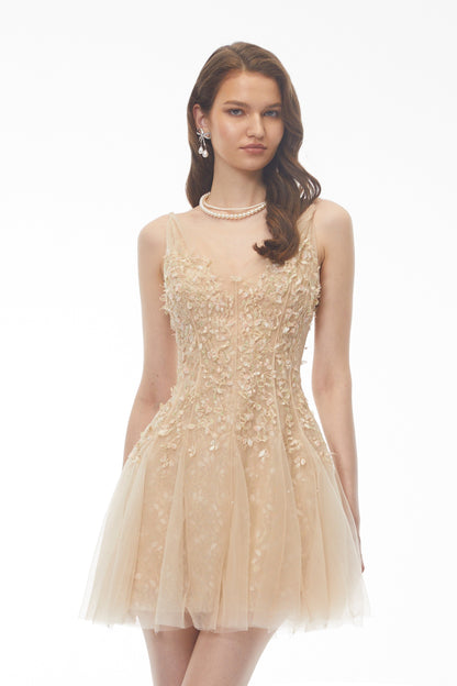 Saga Neutral Pleated Mini Dress with 3D Petals