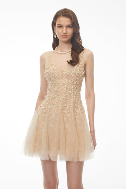 Saga Neutral Pleated Mini Dress with 3D Petals
