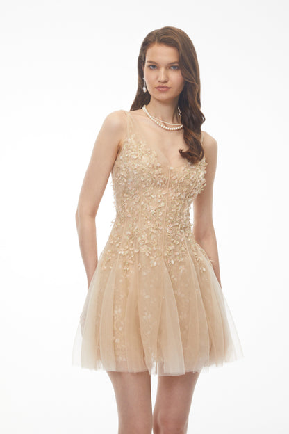 Saga Neutral Pleated Mini Dress with 3D Petals