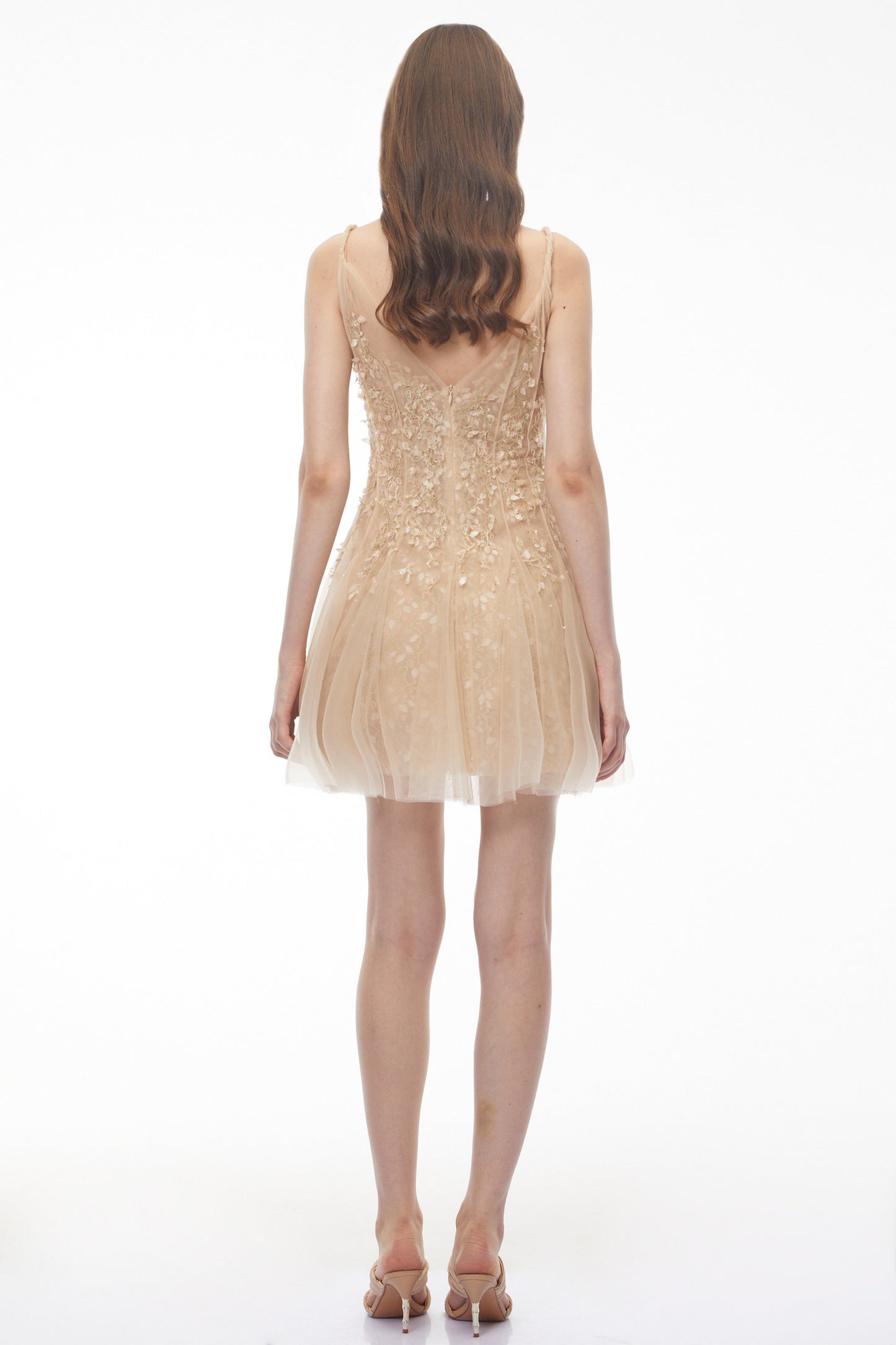 Saga Neutral Pleated Mini Dress with 3D Petals