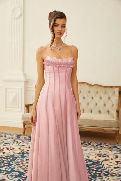 Sakura Fırfırlı Büzgülü Tül Maxi Elbise
