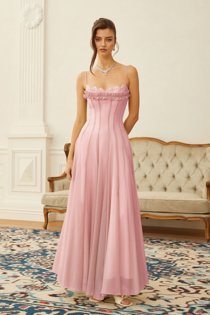 Sakura Fırfırlı Büzgülü Tül Maxi Elbise