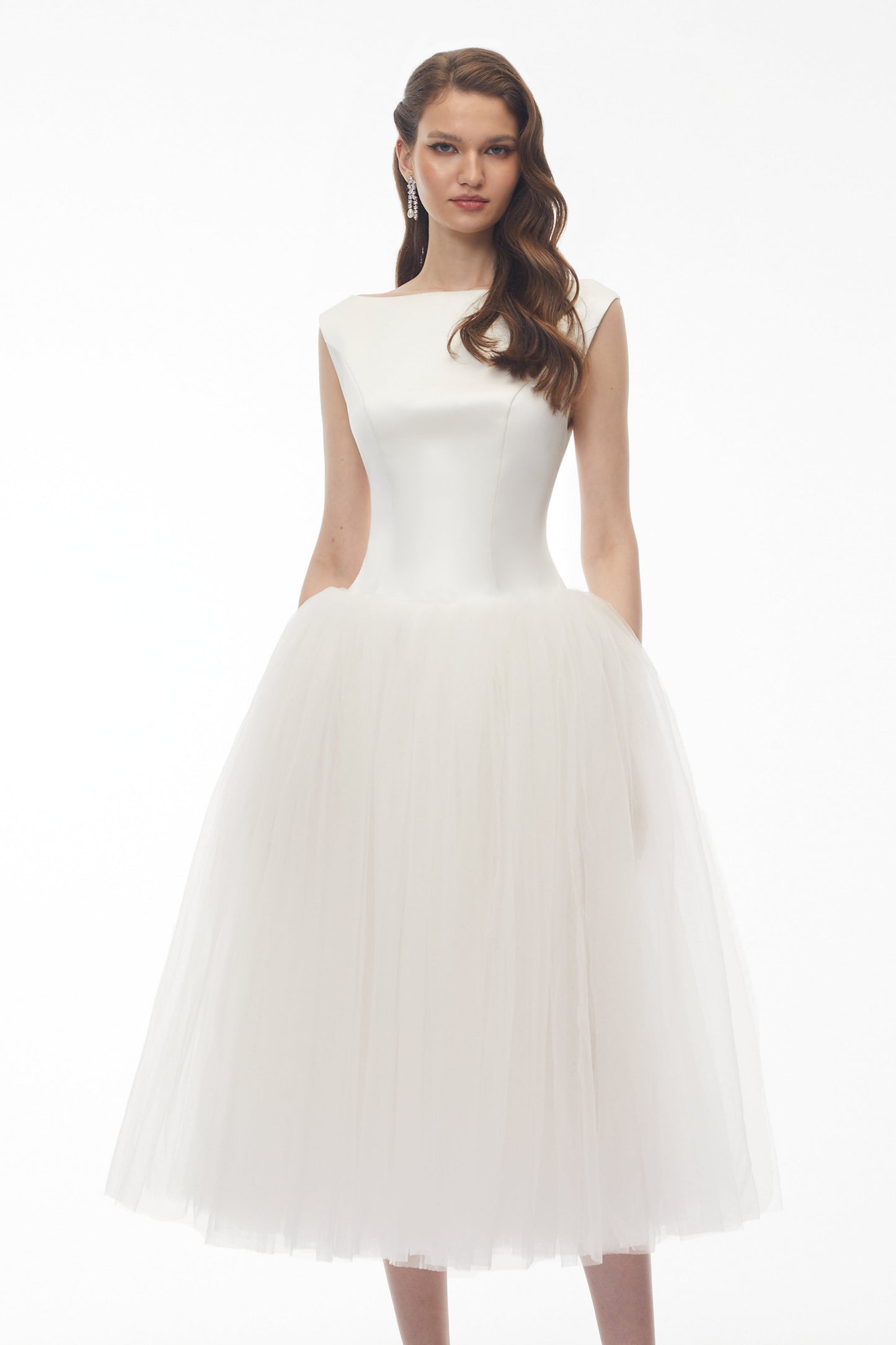 Salma White Pleated Flared Midi Dress