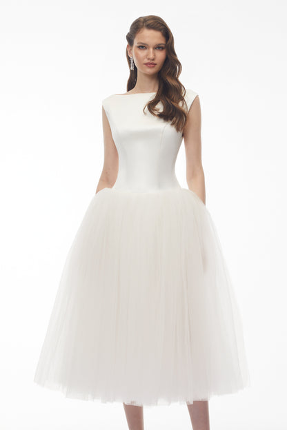 Salma White Pleated Flared Midi Dress