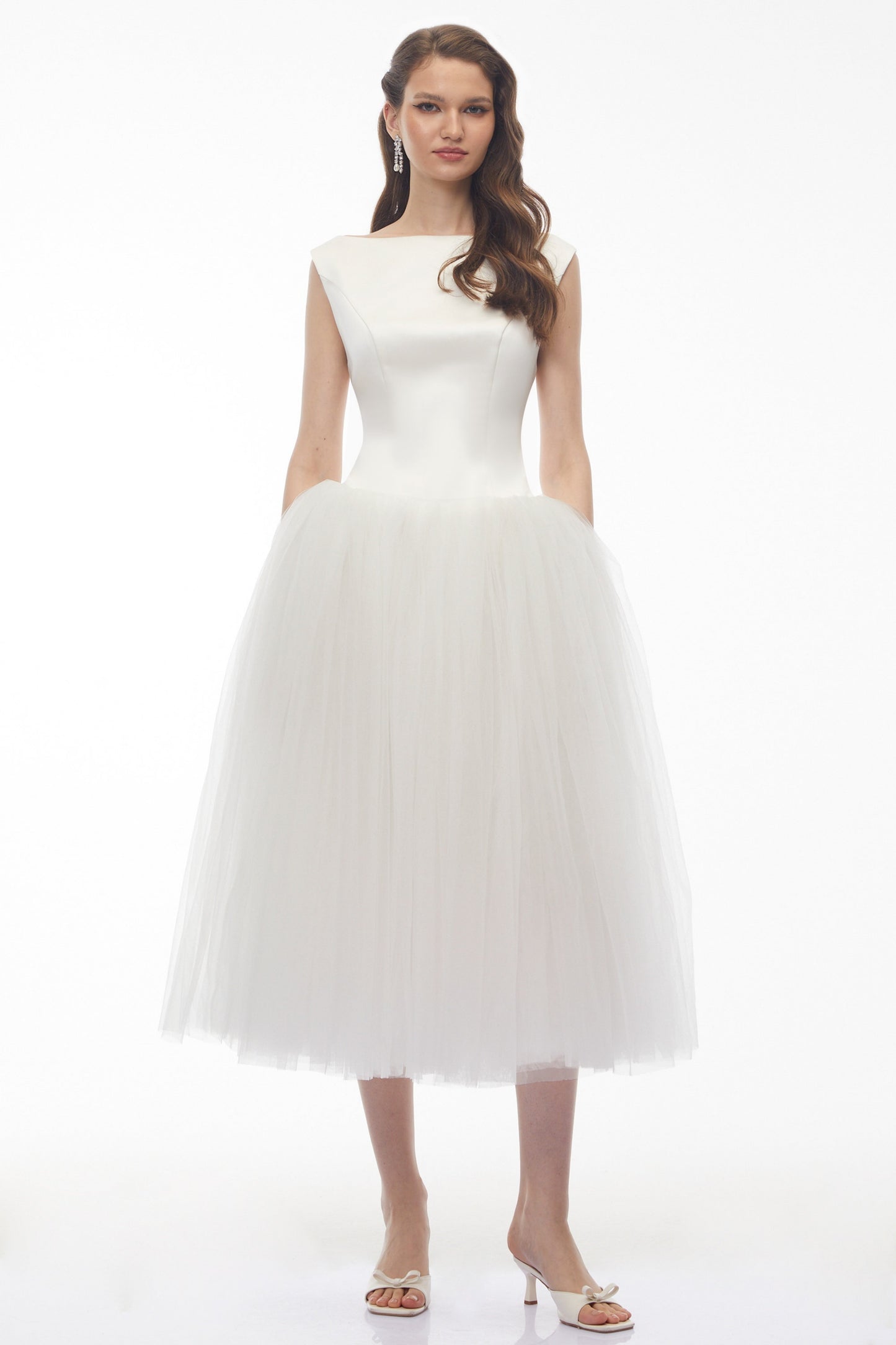 Salma White Pleated Flared Midi Dress