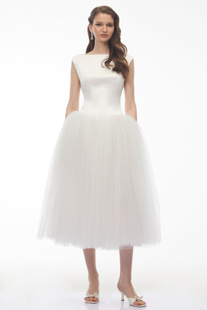 Salma White Pleated Flared Midi Dress