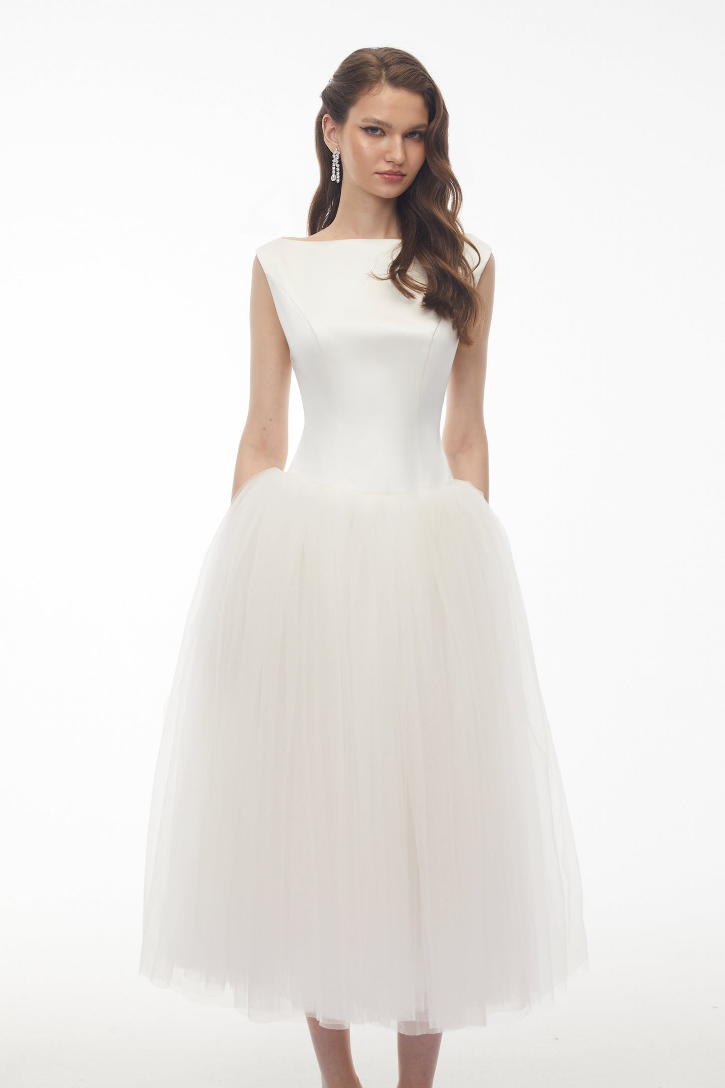 Salma White Pleated Flared Midi Dress