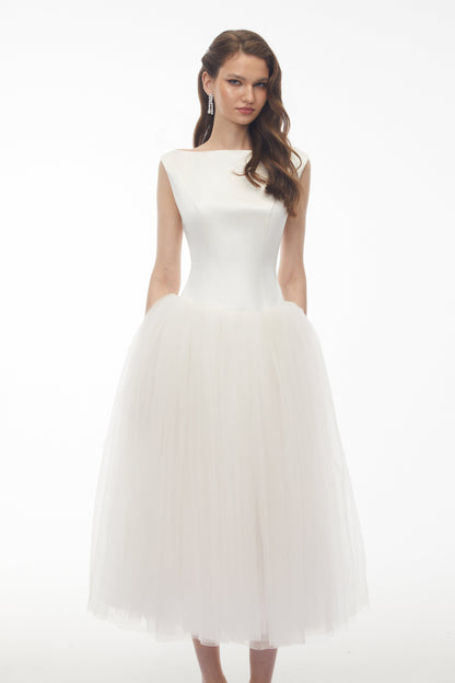 Salma White Pleated Flared Midi Dress