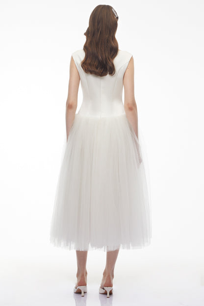 Salma White Pleated Flared Midi Dress