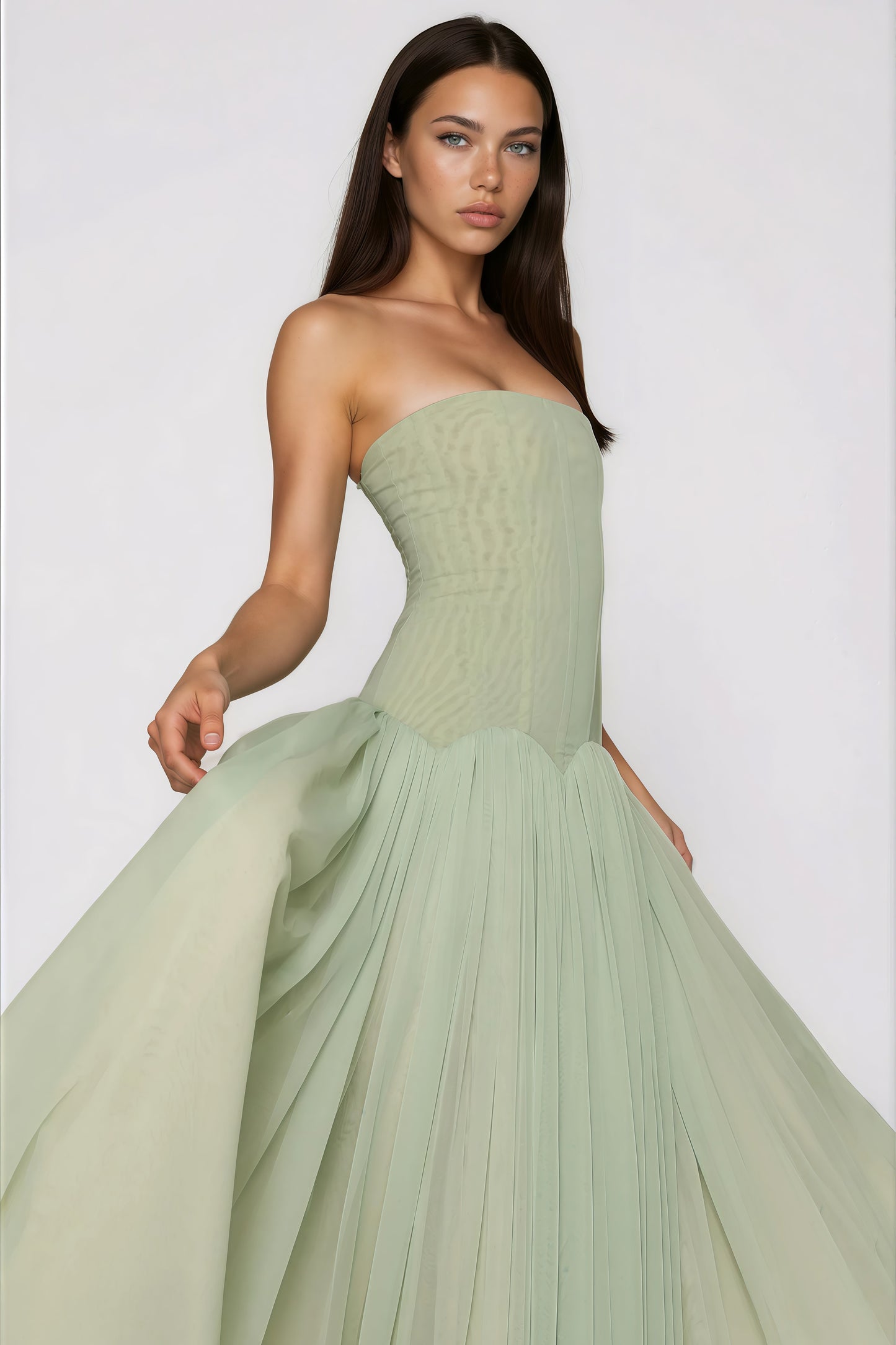 Salome Green Off Shoulder Pleated Maxi Dress