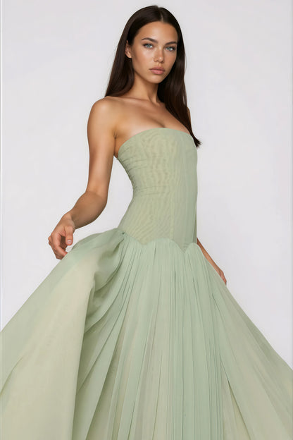 Salome Green Off Shoulder Pleated Maxi Dress