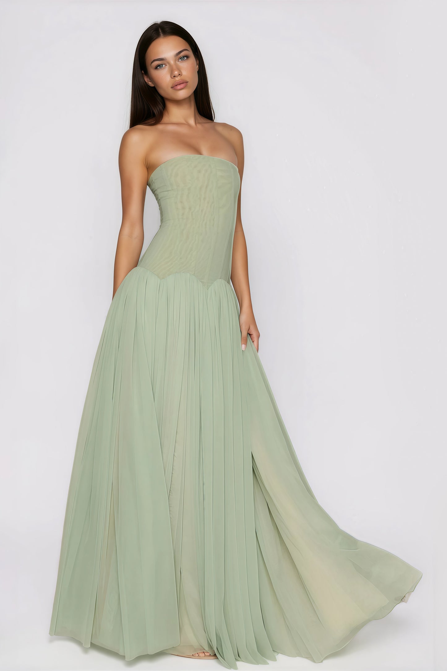 Salome Green Off Shoulder Pleated Maxi Dress