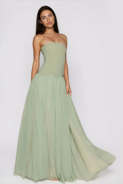 Salome Green Off Shoulder Pleated Maxi Dress