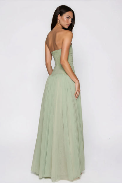 Salome Green Off Shoulder Pleated Maxi Dress