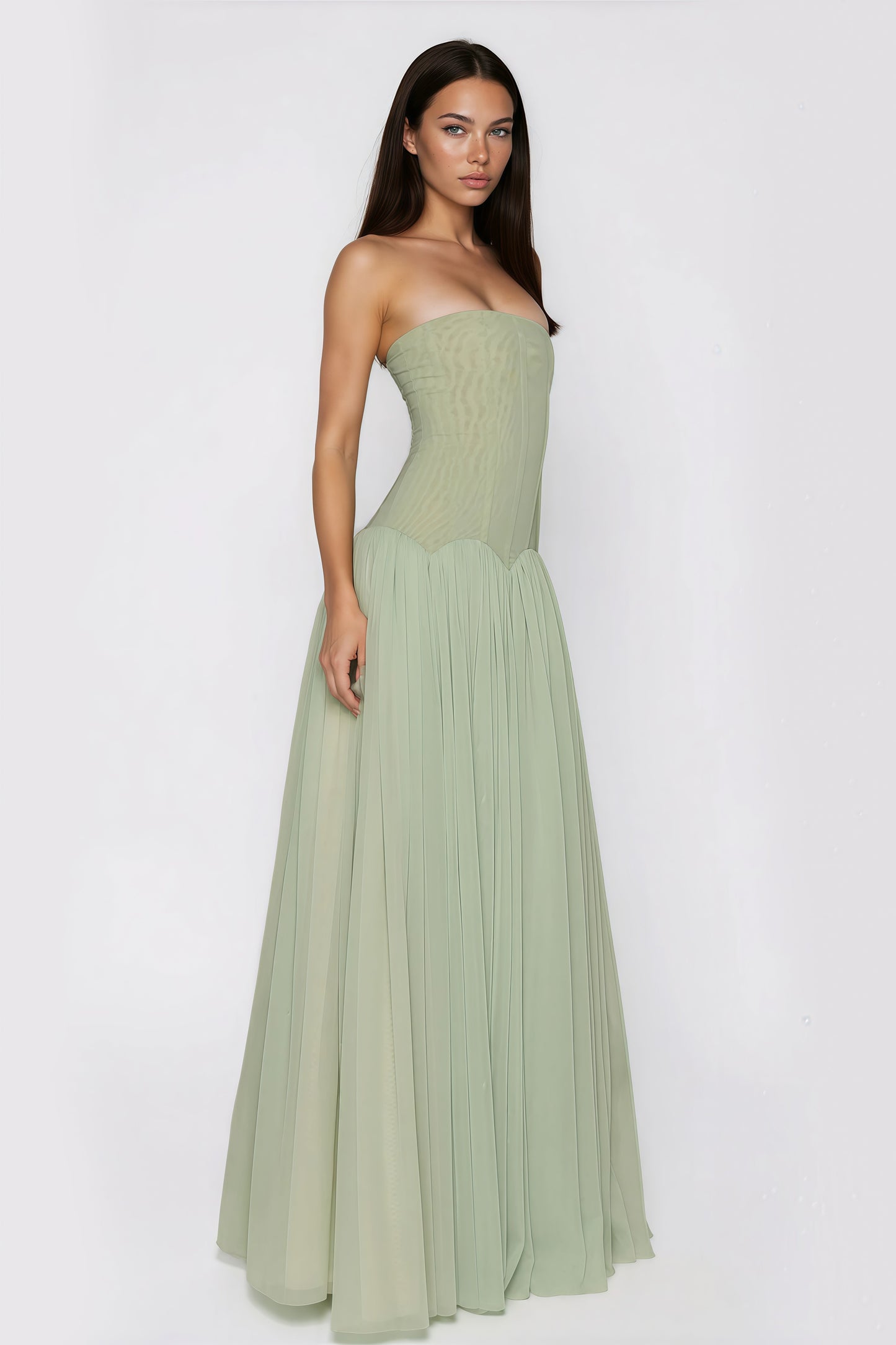 Salome Green Off Shoulder Pleated Maxi Dress