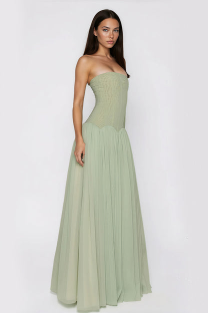 Salome Green Off Shoulder Pleated Maxi Dress