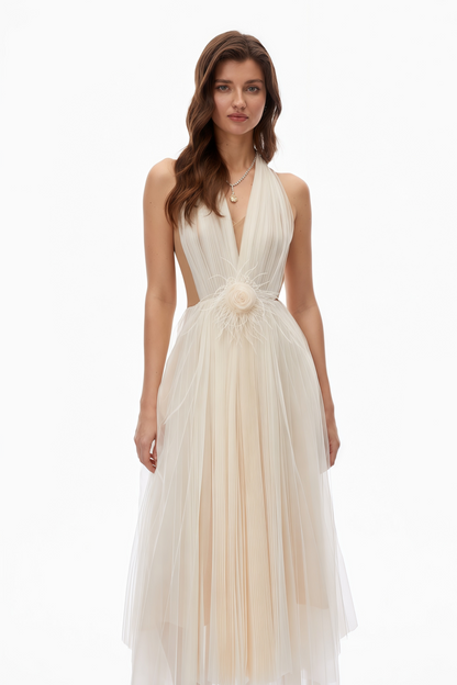 Samantha Neutral Halterneck Semi-Sheer Maxi Dress