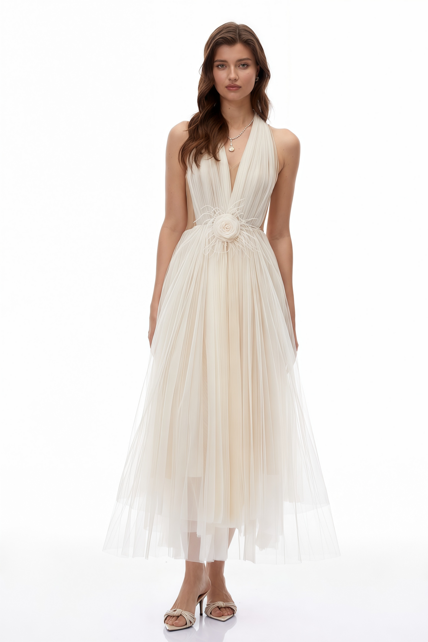 Samantha Neutral Halterneck Semi-Sheer Maxi Dress