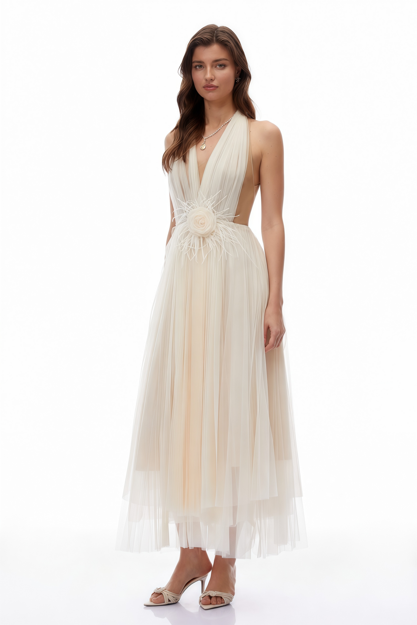 Samantha Neutral Halterneck Semi-Sheer Maxi Dress