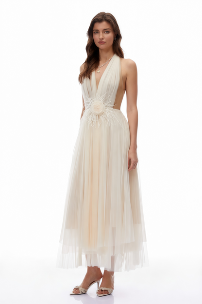 Samantha Neutral Halterneck Semi-Sheer Maxi Dress