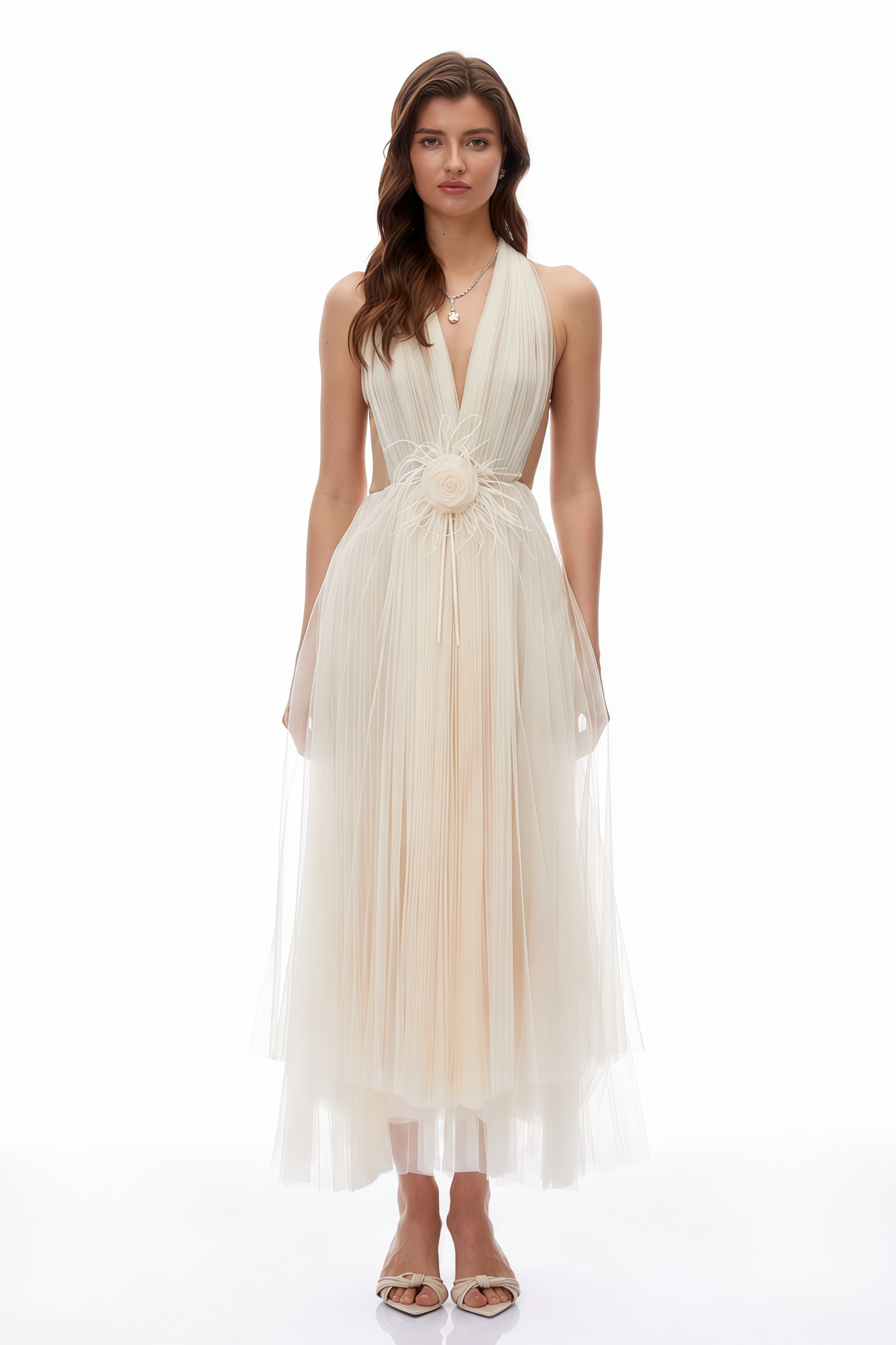 Samantha Neutral Halterneck Semi-Sheer Maxi Dress