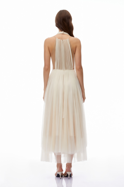 Samantha Neutral Halterneck Semi-Sheer Maxi Dress