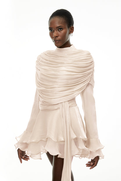 Samira Cream Ruffled Ruched Mini Dress with Ribbon