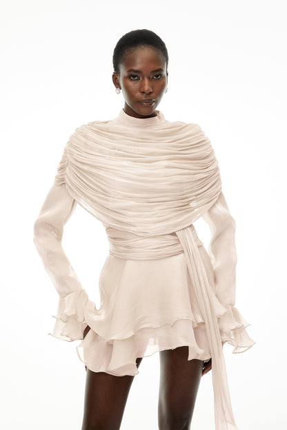 Samira Cream Ruffled Ruched Mini Dress with Ribbon