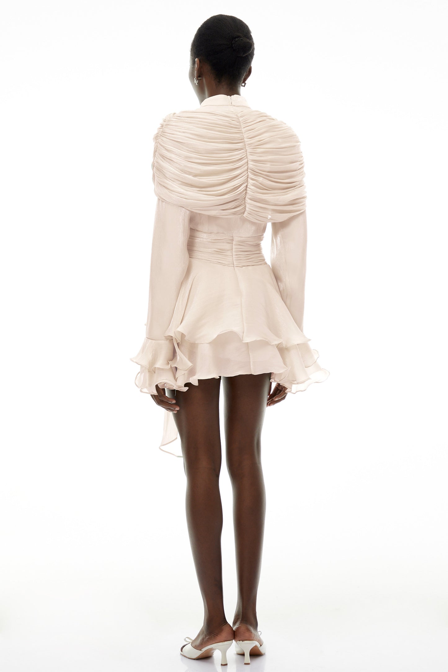 Samira Cream Ruffled Ruched Mini Dress with Ribbon