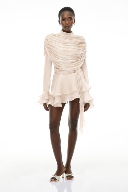 Samira Cream Ruffled Ruched Mini Dress with Ribbon