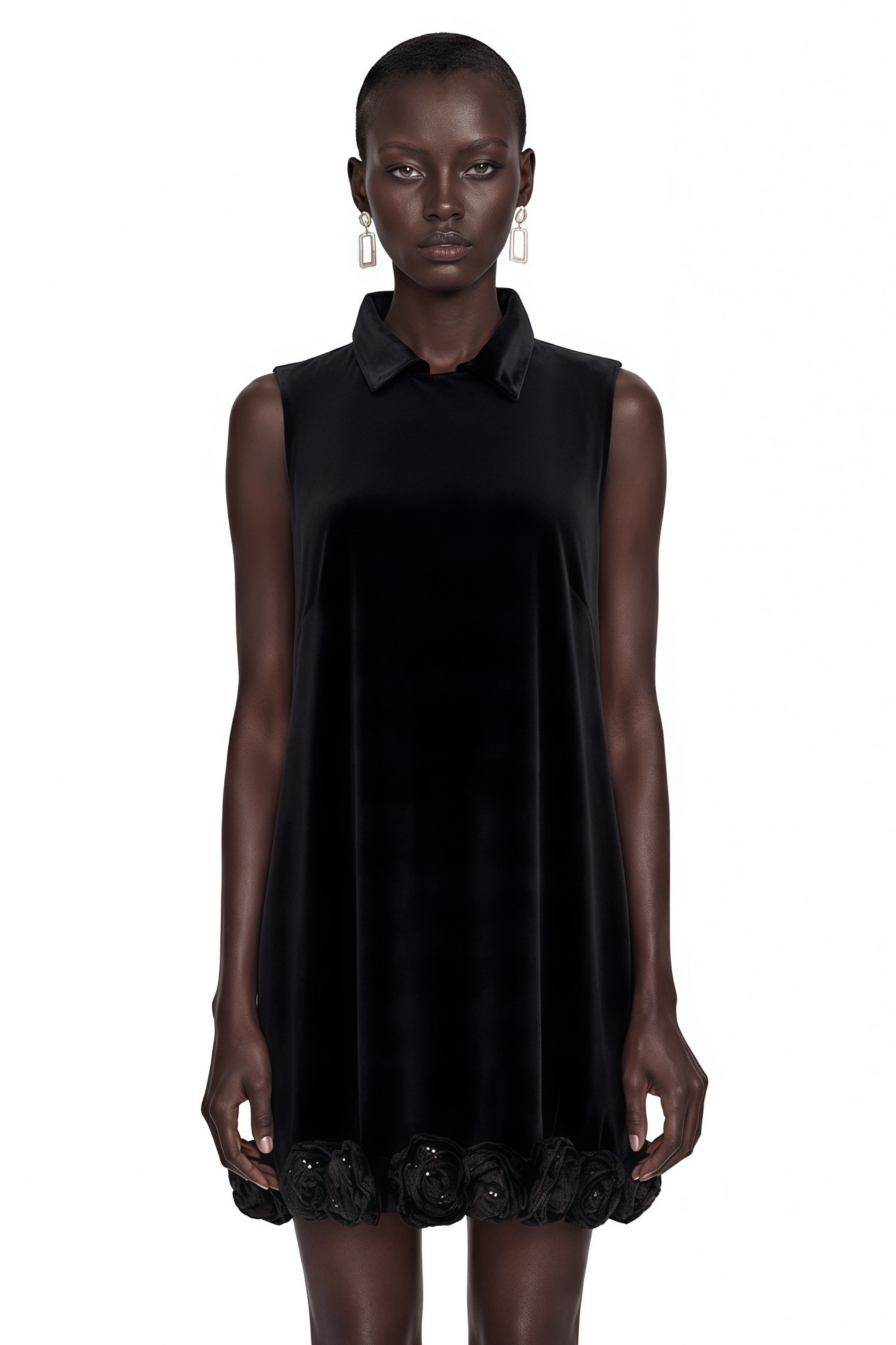 Sandra Black Velvet Mini Dress with 3D Petal Hem