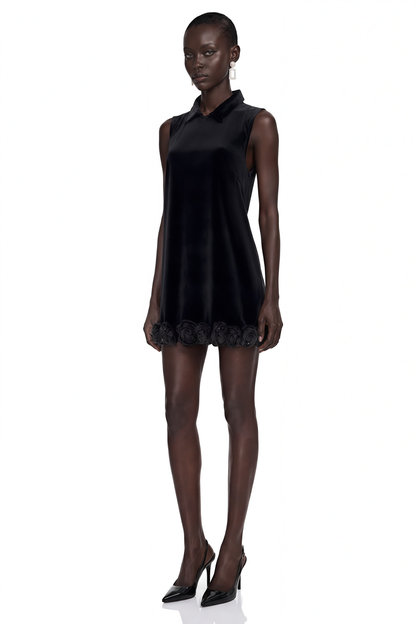 Sandra Black Velvet Mini Dress with 3D Petal Hem