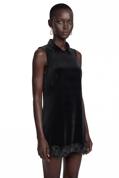 Sandra Black Velvet Mini Dress with 3D Petal Hem