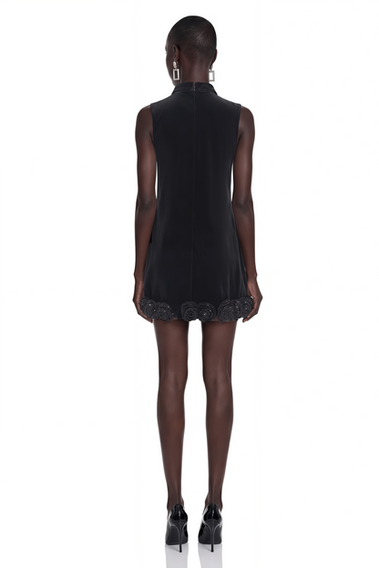 Sandra Black Velvet Mini Dress with 3D Petal Hem