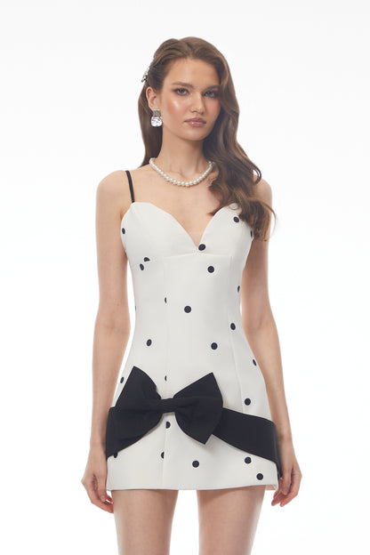 Sappho White Polka Dot Mini Dress with Bow Detail