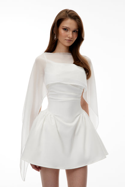 Sarah White Cinched Waist Mini Dress with Cape