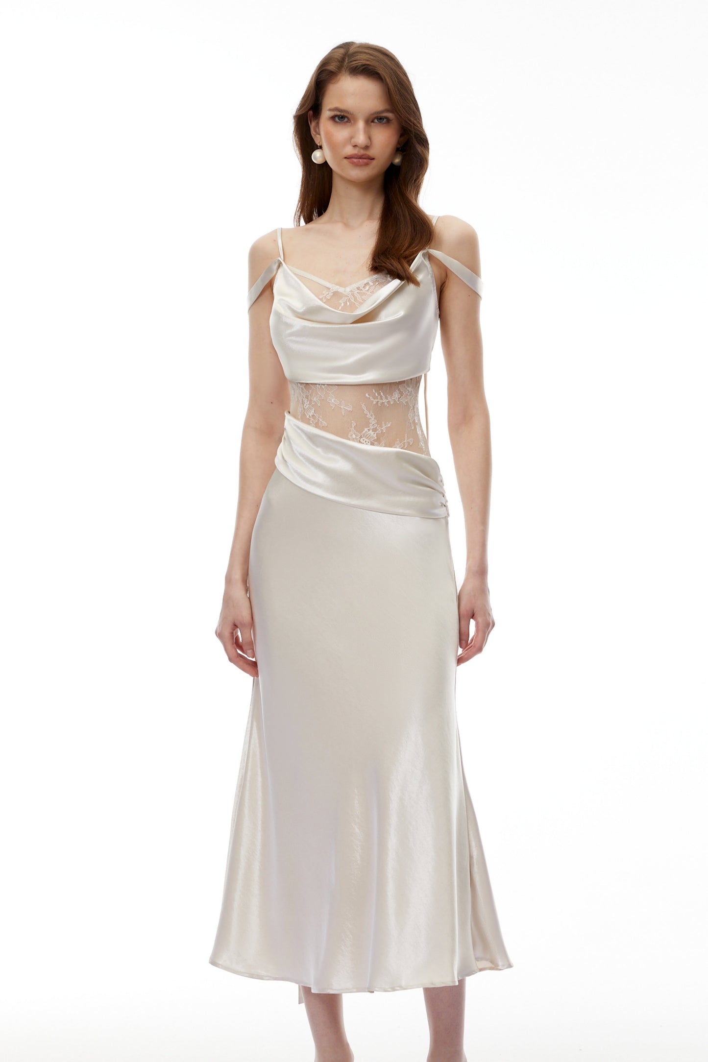 Sarah White Satin Midi Dress with Lace Cut-Outs