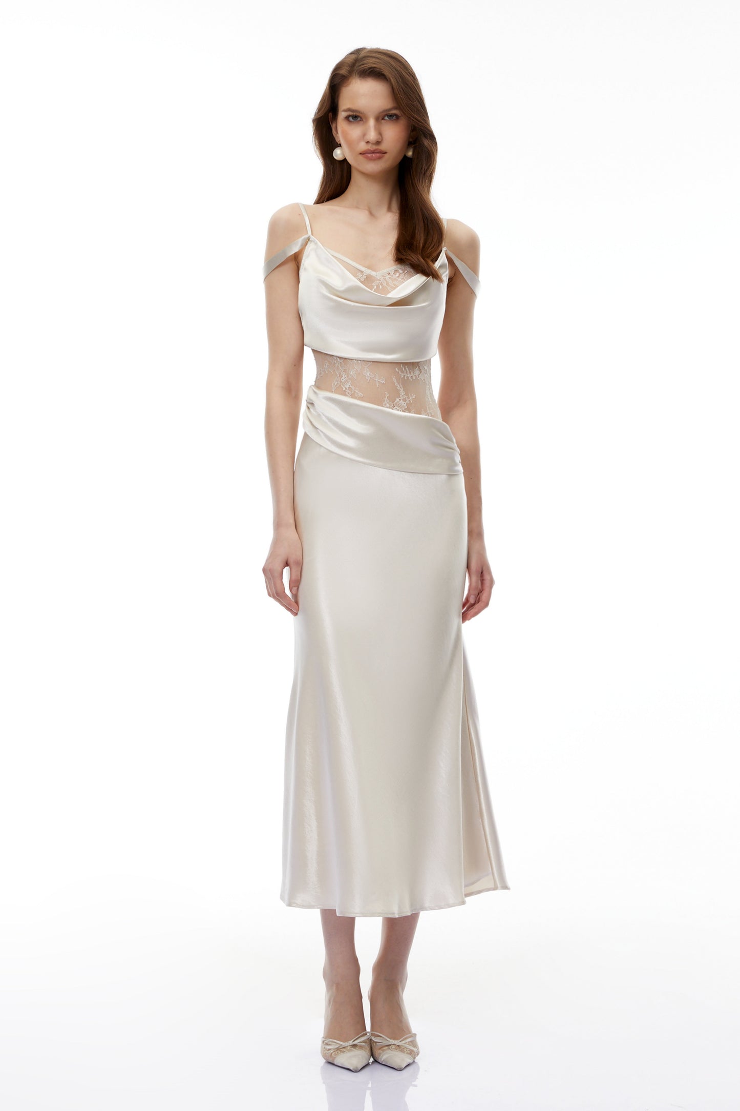 Sarah White Satin Midi Dress with Lace Cut-Outs